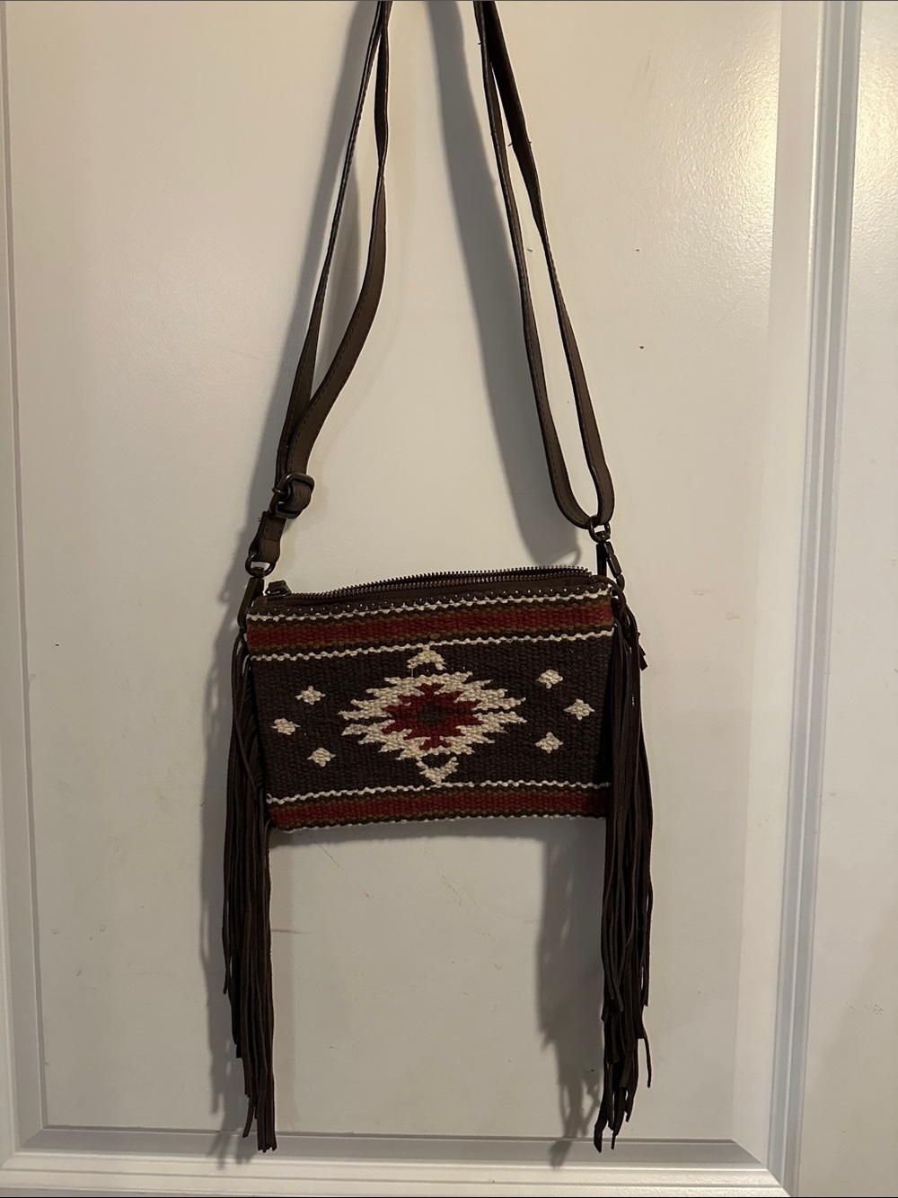 Idyllwind Brown Woven Crossbody with Red and Cream Tribal Accent